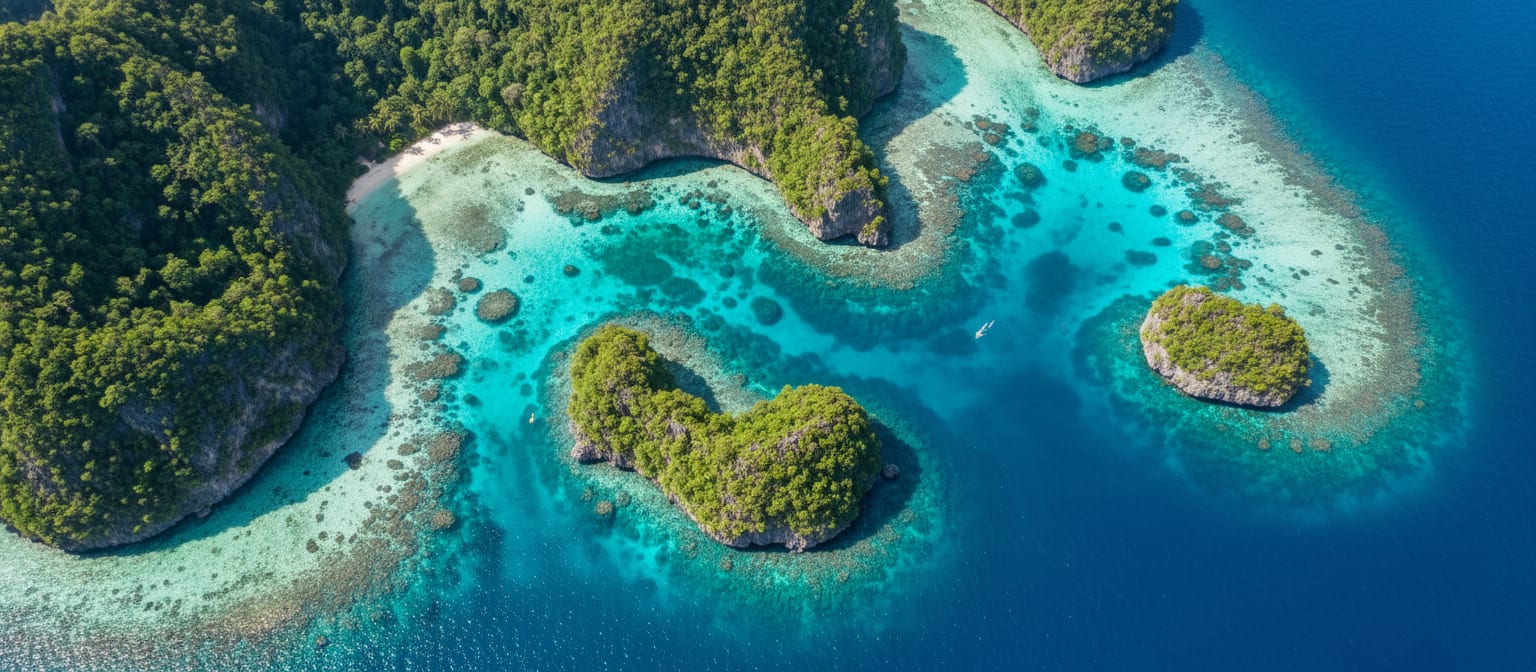 Forest-covered islands surrounded by clear turquoise lagoons