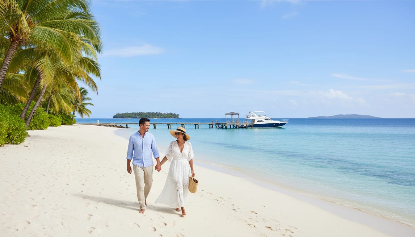 A couple walking together along a white-sand beach