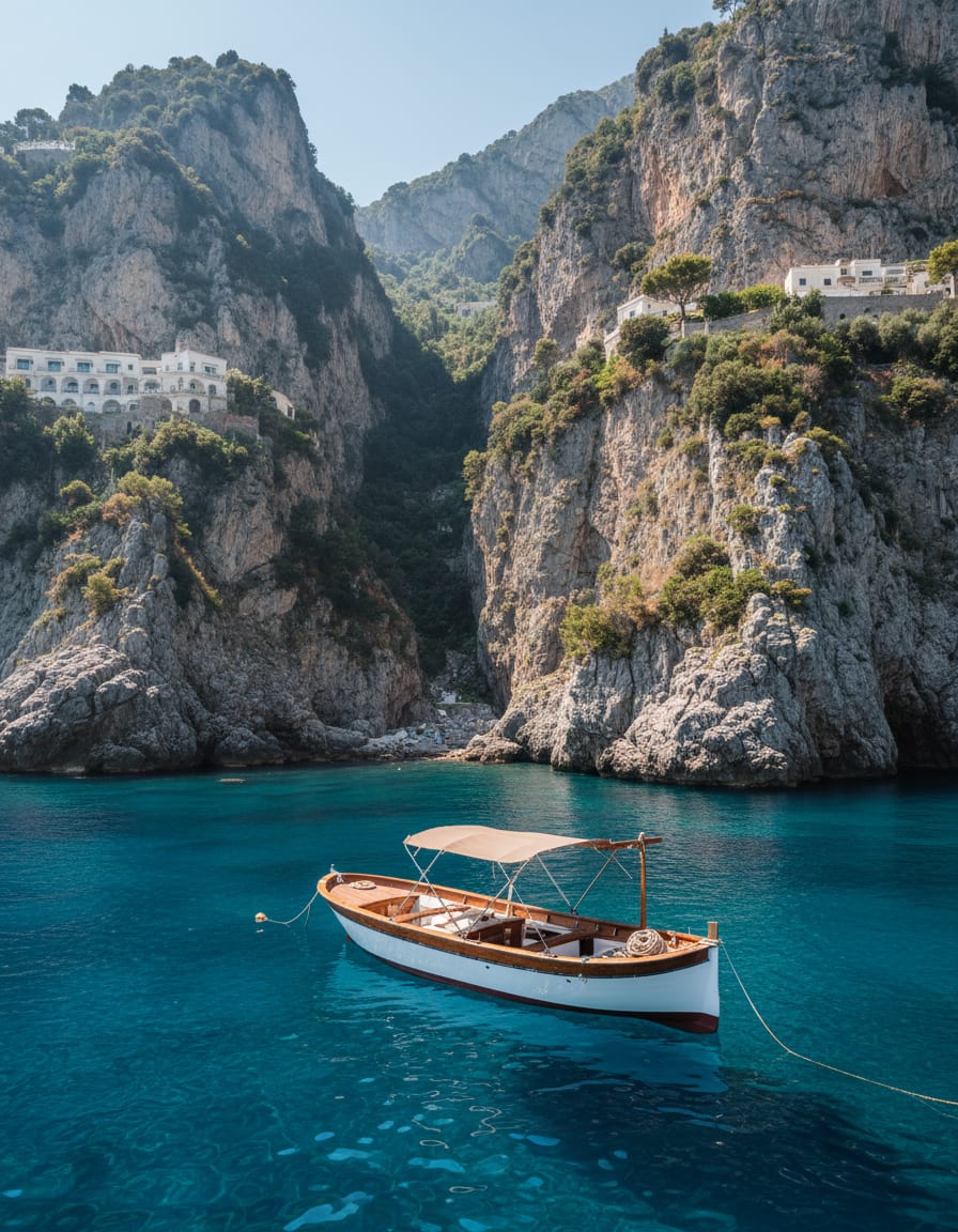 A quiet boat at the foot of coastal cliffs