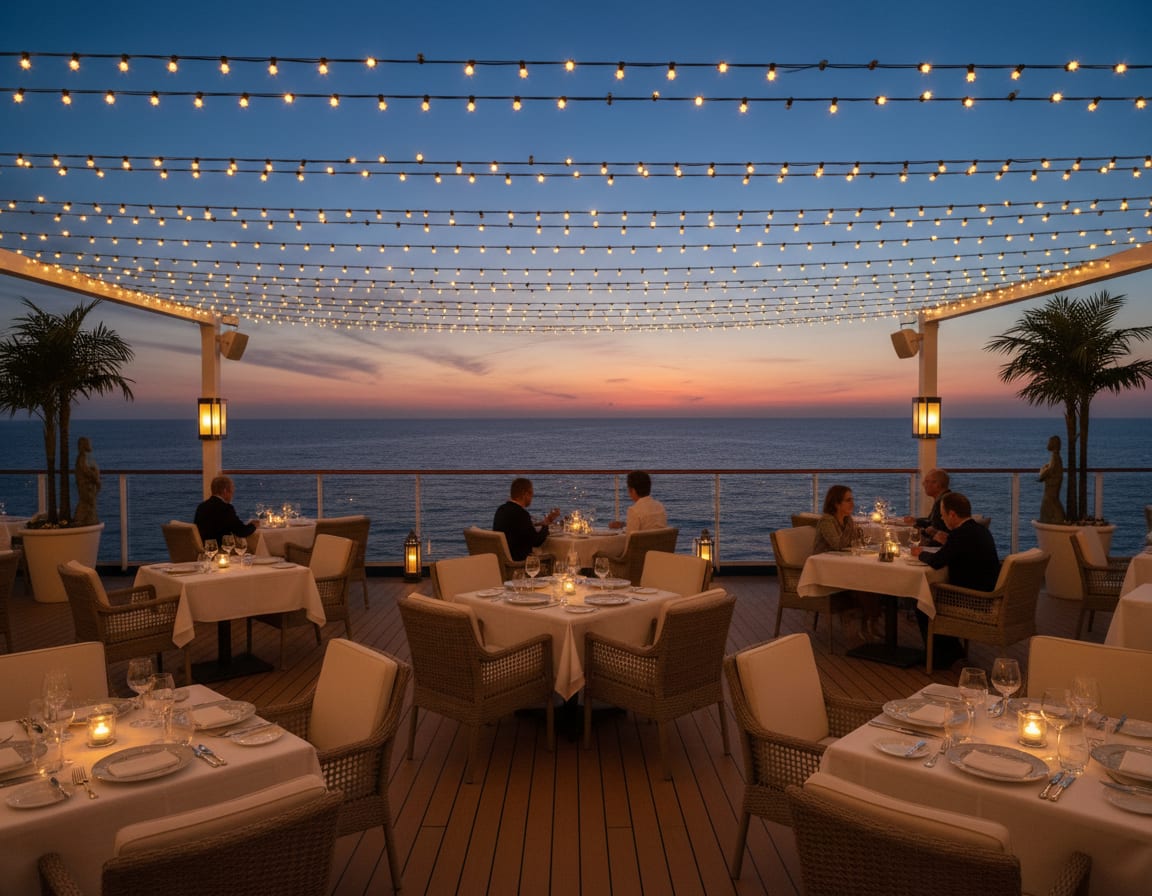 An open-air dining table on deck overlooking the sea