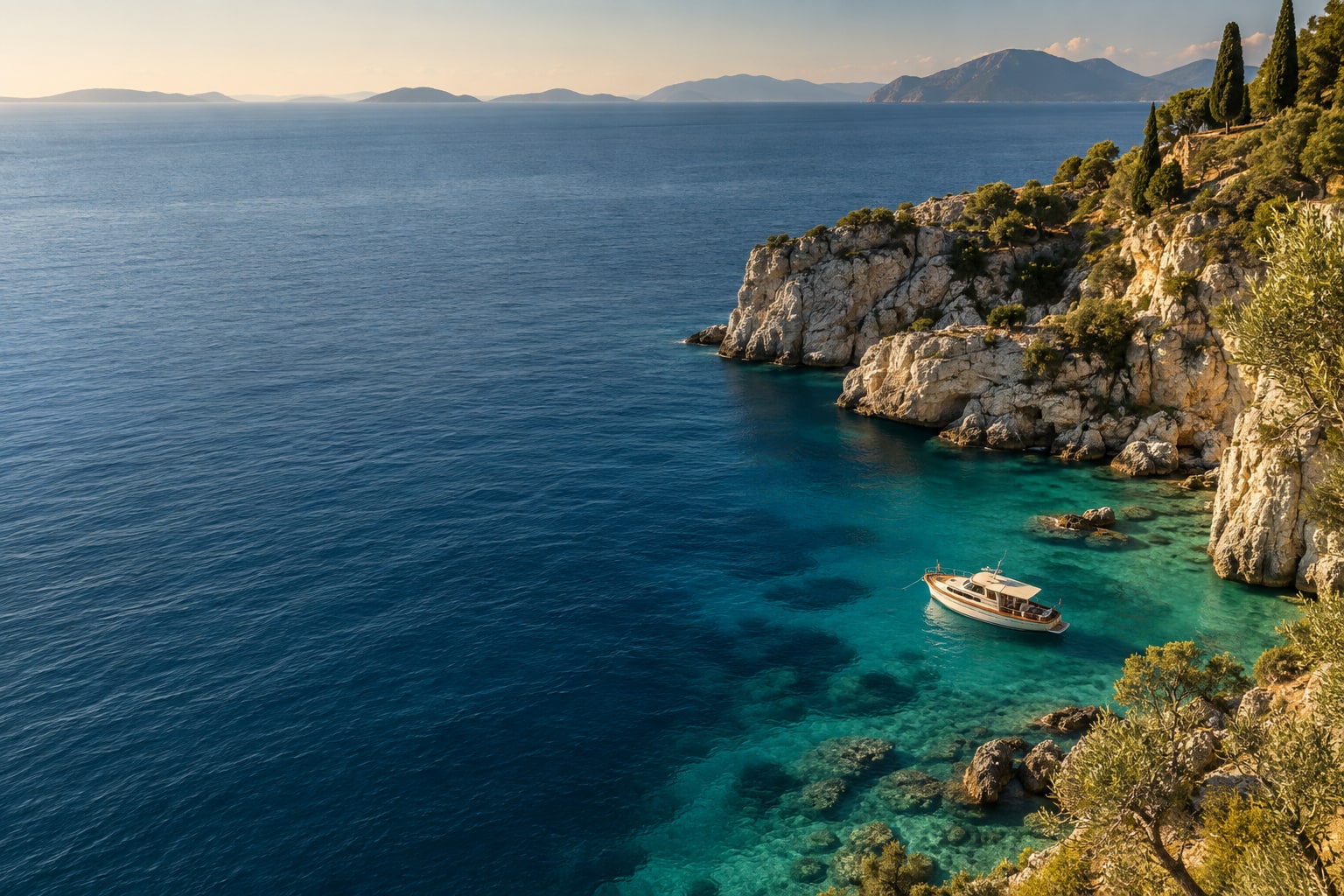 An ivory boat resting in a turquoise cove beneath sunlit Mediterranean cliffs