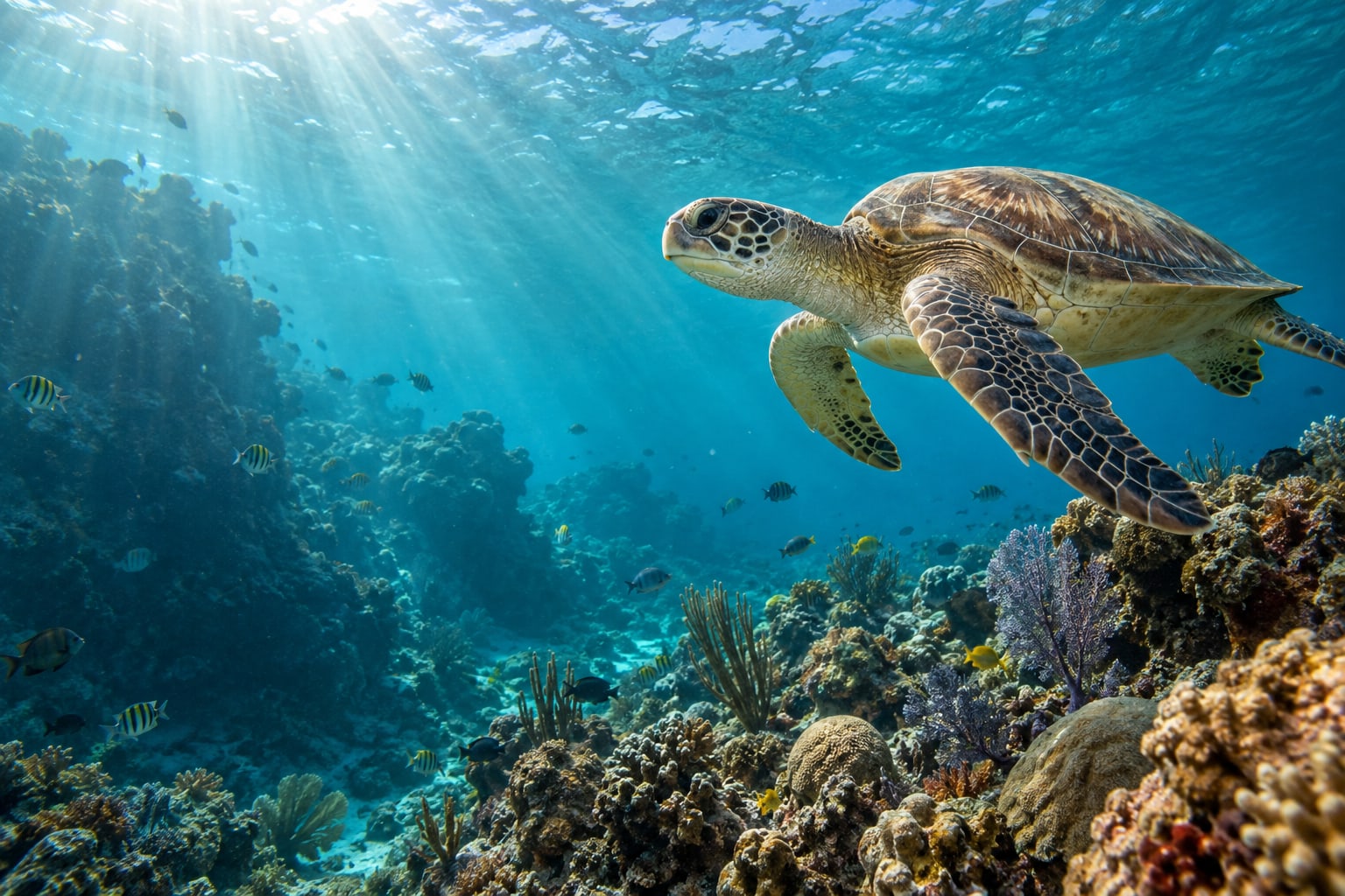 A sea turtle gliding through sunbeams above a colorful coral reef