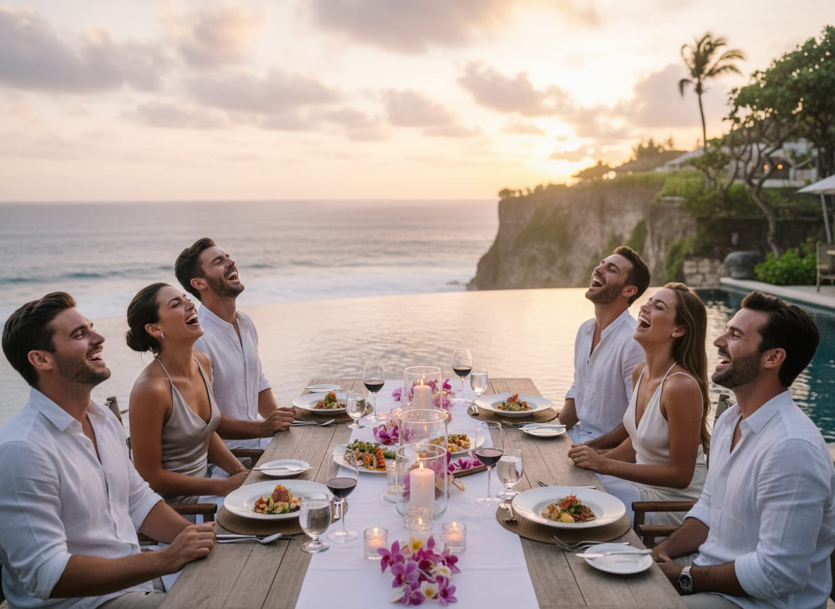 Travelers sharing dinner together overlooking the coast