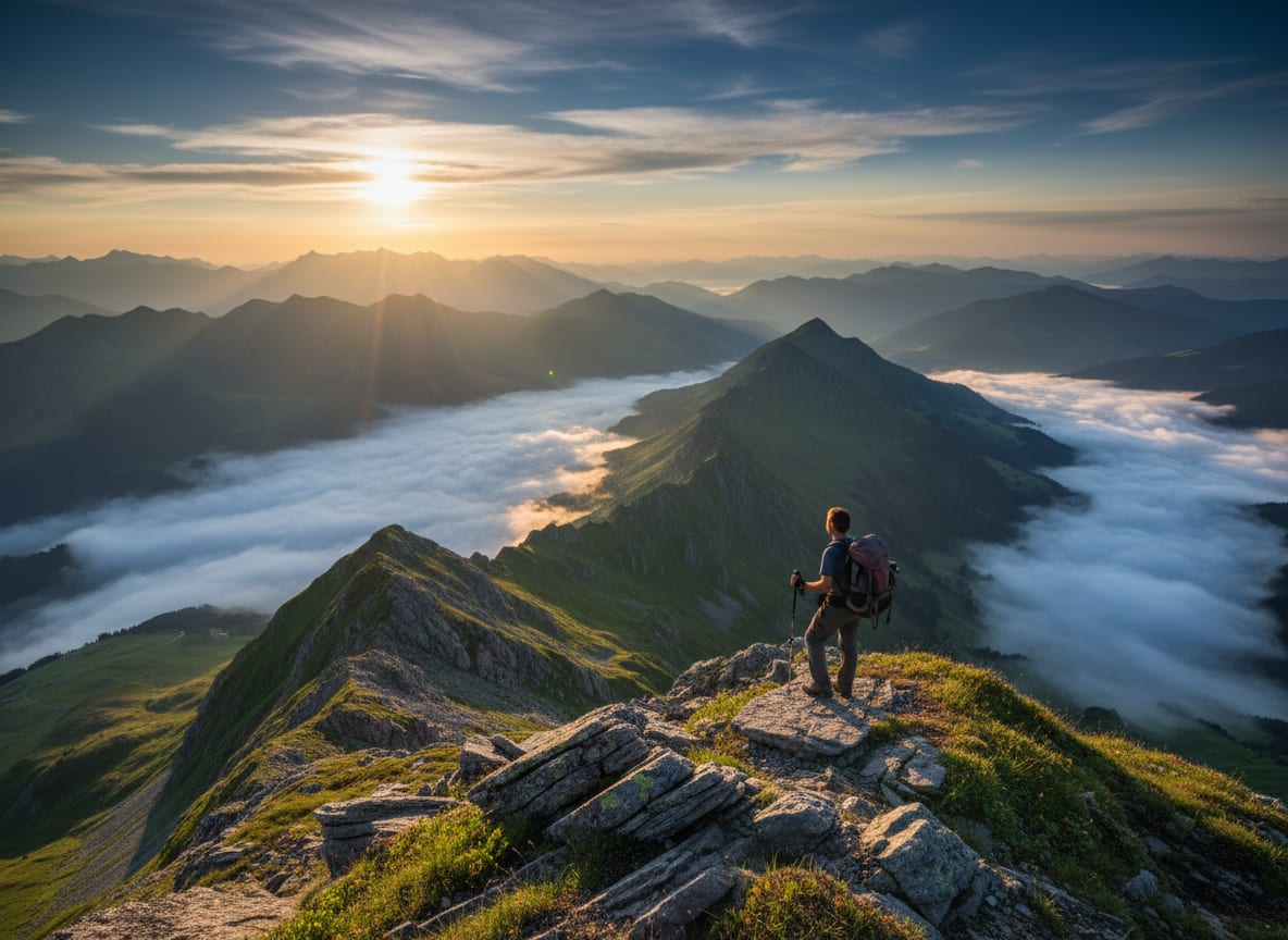 A hiker looking across mountain peaks and clouds at sunrise