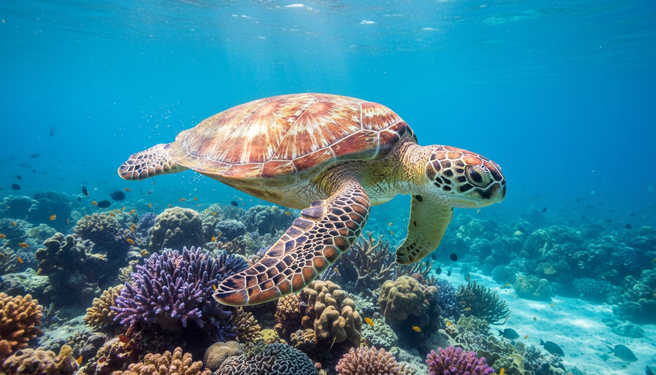 A sea turtle gliding over a colorful coral reef