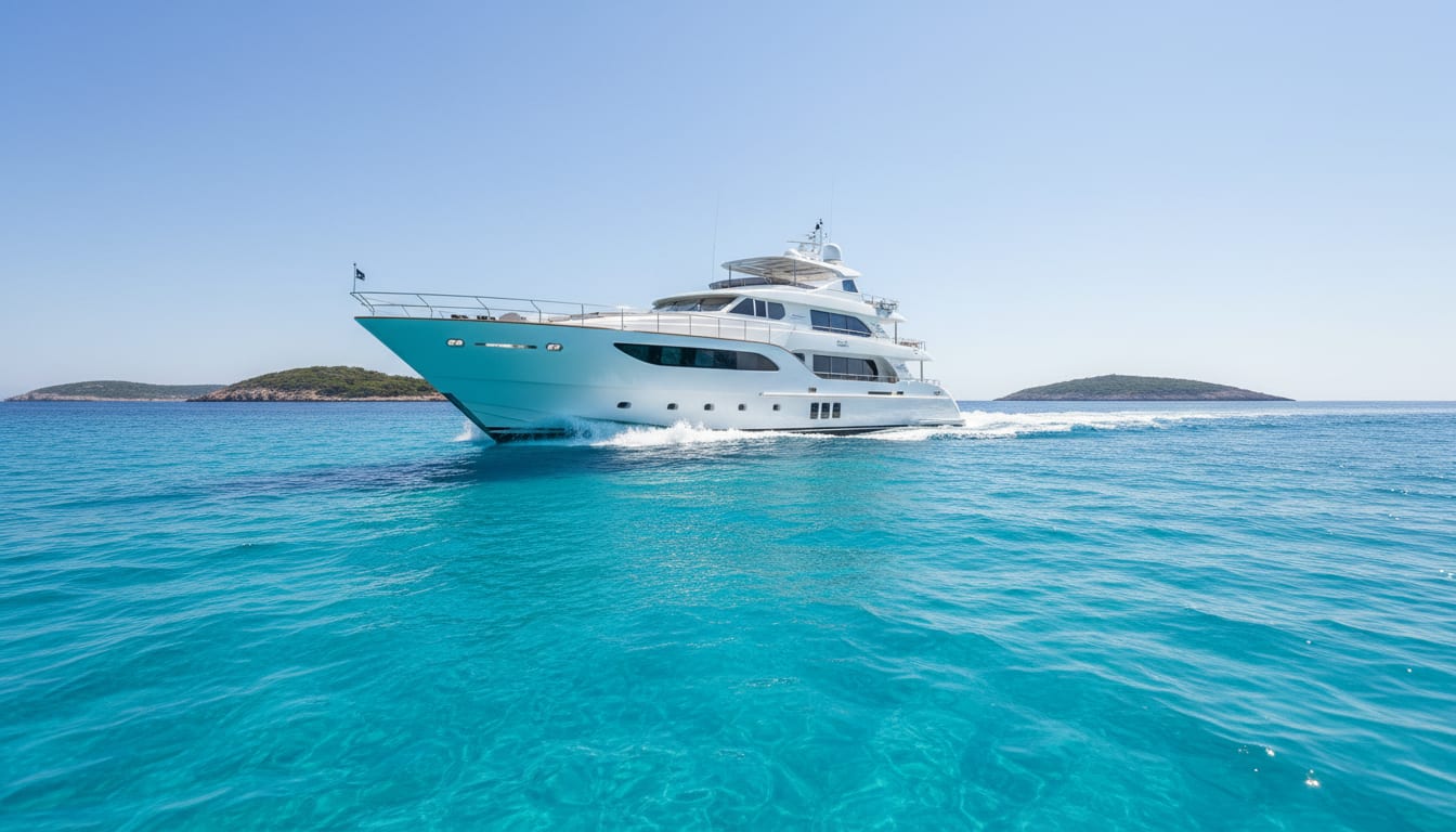 A motor yacht anchored in a turquoise bay